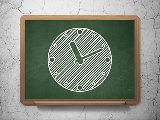 Image showing Timeline concept: Clock on chalkboard background