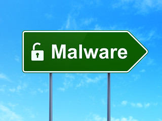 Image showing Safety concept: Malware and Opened Padlock on road sign background