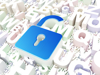 Image showing Protection concept: Opened Padlock on alphabet background