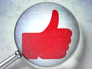 Image showing Social network concept: Thumb Up with optical glass on digital background