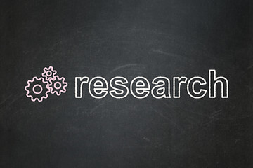 Image showing Advertising concept: Gears and Research on chalkboard background