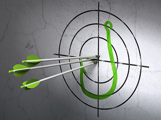 Image showing Safety concept: arrows in Fishing Hook target on wall background