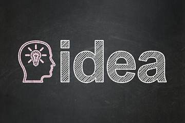 Image showing Marketing concept: Head With Lightbulb and Idea on chalkboard