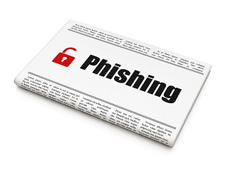 Image showing Security concept: newspaper with Phishing and Opened Padlock