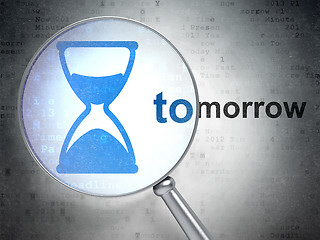 Image showing Time concept: Hourglass and Tomorrow with optical glass