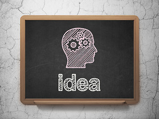 Image showing Marketing concept: Head With Gears and Idea on chalkboard