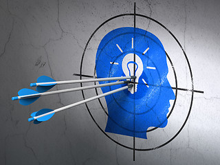 Image showing Data concept: arrows in Head With Light Bulb target on wall