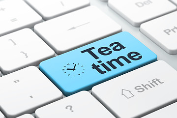 Image showing Time concept: Clock and Tea Time on computer keyboard background