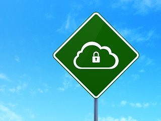Image showing Cloud networking concept: Cloud With Padlock on road sign
