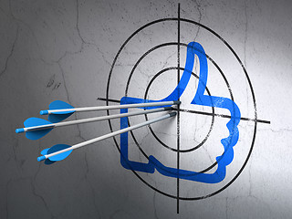 Image showing Social network concept: arrows in Like target on wall background