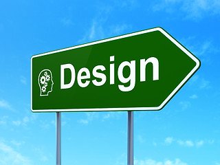 Image showing Advertising concept: Design and Head With Gears on sign