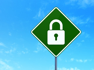 Image showing Data concept: Closed Padlock on road sign background