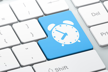 Image showing Timeline concept: Alarm Clock on computer keyboard background