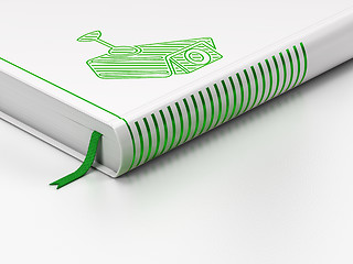 Image showing Protection concept: closed book, Cctv Camera on white background