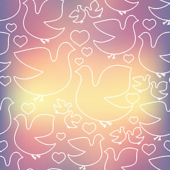 Image showing Silhouette of white birds and hearts