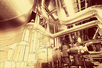 Image showing Sketch of piping design mixed with industrial equipment photo