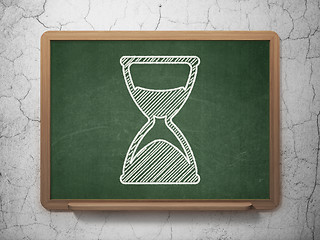 Image showing Time concept: Hourglass on chalkboard background