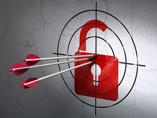 Image showing Data concept: arrows in Opened Padlock target on wall background