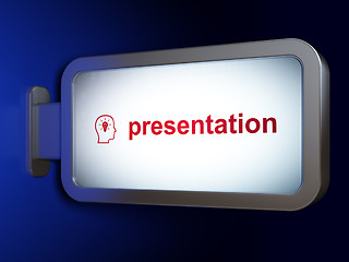 Image showing Advertising concept: Presentation and Head With Lightbulb on billboard background