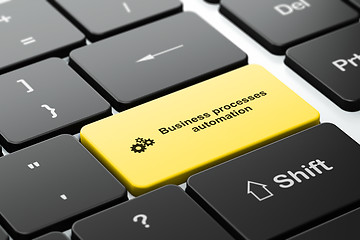 Image showing Business concept: Gears and Business Processes Automation on computer keyboard background