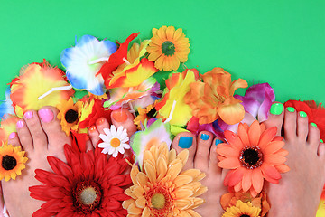 Image showing pedicure nails, feet and flowers