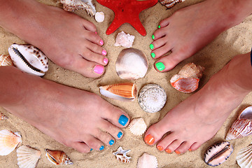 Image showing womens legs in the sand and shells 