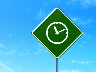 Image showing Timeline concept: Clock on road sign background