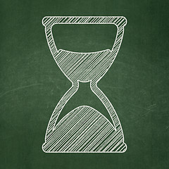 Image showing Time concept: Hourglass on chalkboard background