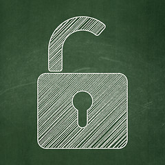 Image showing Protection concept: Opened Padlock on chalkboard background