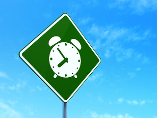 Image showing Timeline concept: Alarm Clock on road sign background