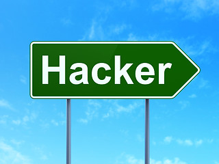 Image showing Safety concept: Hacker on road sign background