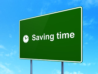 Image showing Timeline concept: Saving Time and Clock on road sign background