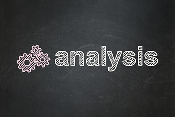 Image showing Advertising concept: Gears and Analysis on chalkboard background