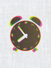 Image showing Timeline concept: Alarm Clock on fabric texture background