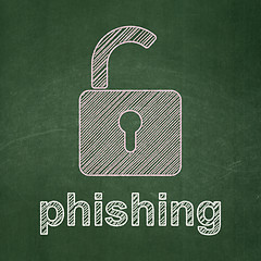 Image showing Privacy concept: Opened Padlock and Phishing on chalkboard