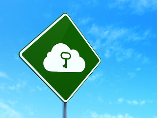 Image showing Cloud computing concept: Cloud With Key on road sign background