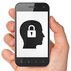 Image showing Data concept: Head With Padlock on smartphone