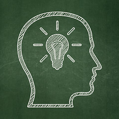 Image showing Marketing concept: Head With Lightbulb on chalkboard background