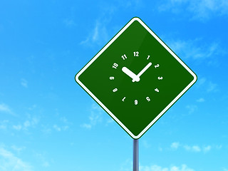 Image showing Timeline concept: Clock on road sign background