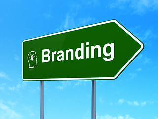 Image showing Marketing concept: Branding and Head With Lightbulb on road sign