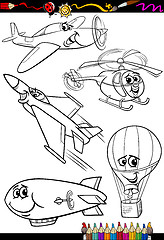 Image showing cartoon aircraft set for coloring book