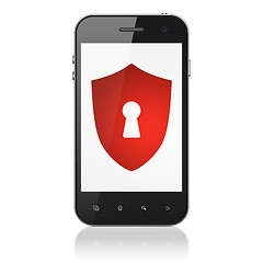 Image showing Protection concept: Shield With Keyhole on smartphone