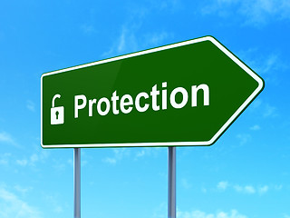 Image showing Protection concept: Protection and Opened Padlock on road sign