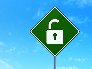 Image showing Safety concept: Opened Padlock on road sign background