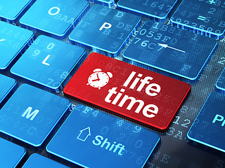 Image showing Timeline concept: Alarm Clock and Life Time on computer keyboard