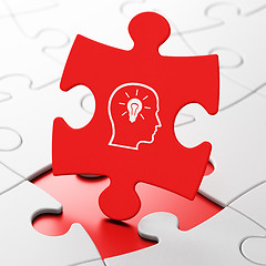 Image showing Education concept: Head With Lightbulb on puzzle background