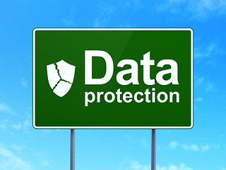 Image showing Security concept: Data Protection and Broken Shield on road sign