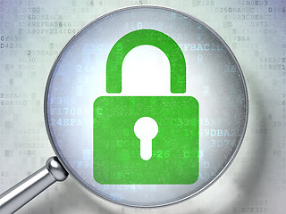 Image showing Safety concept:  Closed Padlock with glass on digital background