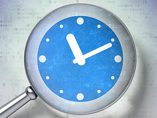 Image showing Time concept:  Clock with optical glass on digital background