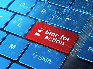 Image showing Time concept: Hourglass and Time for Action on computer keyboard